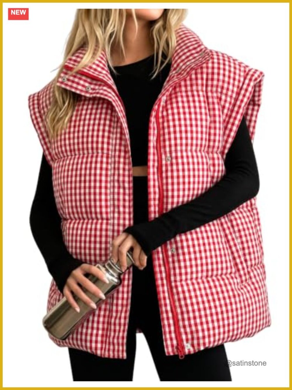 Oversized Gingham Puffer Vest Sleeveless Zip Up Jacket